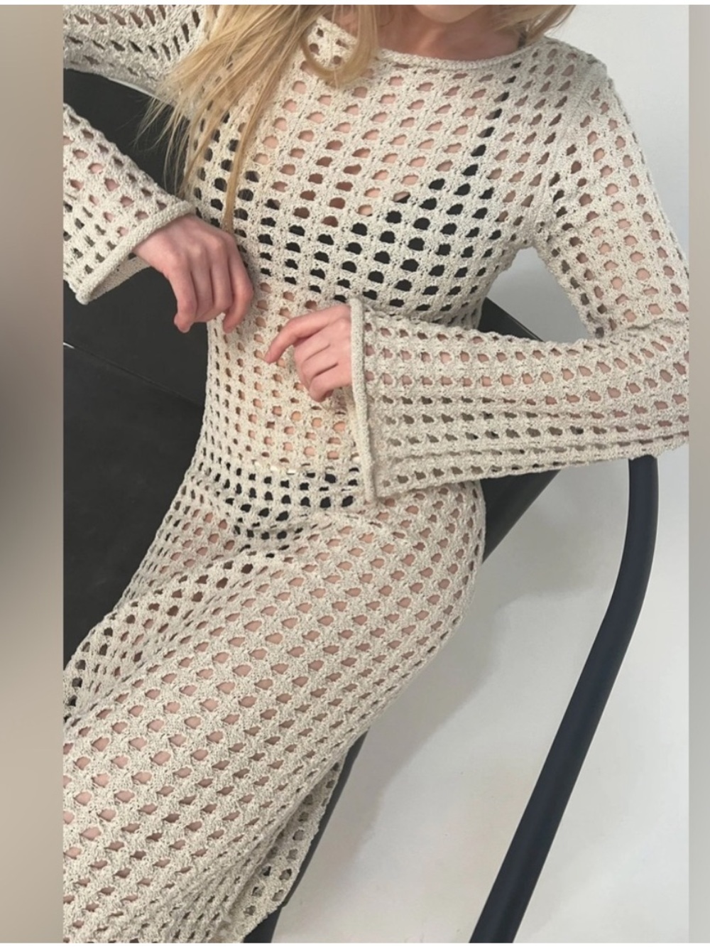 Oak + Fort NWT Cream open knit Crochet Long Sleeve Maxi Dress cover up dress